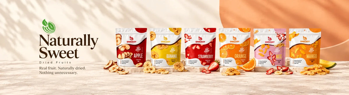 Snacksy naturally sweet dried fruits: apple, banana, strawberry, orange, mix and mango